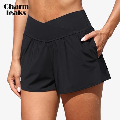 Damen-Badeshorts, seitlich geteilte Badehose, 2-in-1-Boardshorts mit Taschen, Badehose
