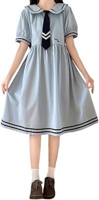 Hanmall Damen Blau Kurzarm Matrosenkleid mit Karreekragen und Krawatte, Einfarbig, LON146