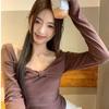 De Róng Women's Long-Sleeve Korean Style Slim Fit Top with Butterfly Knot Design - Ideal for Spring, Autumn, and Winter.