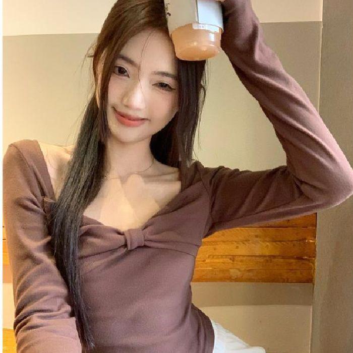 

De Róng Women s Long-Sleeve Korean Style Slim Fit Top with Butterfly Knot Design - Ideal for Spring, Autumn, and Winter. L грязно-белый