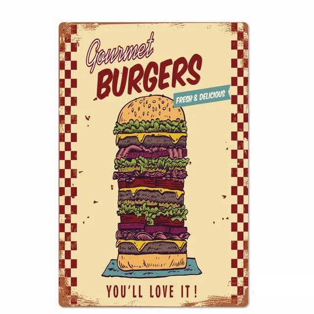 Delicious Hamburger Food Signs Metal Plaques Barbecue Kitchen Restaurant Shop Tin Sign Decorative Posters Retro Iron Painting