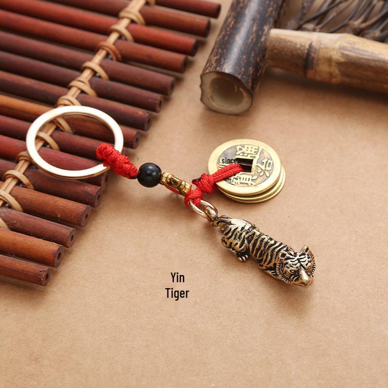 Five Emperors Zodiac Copper Keychain with Red String Guardian God Pendant