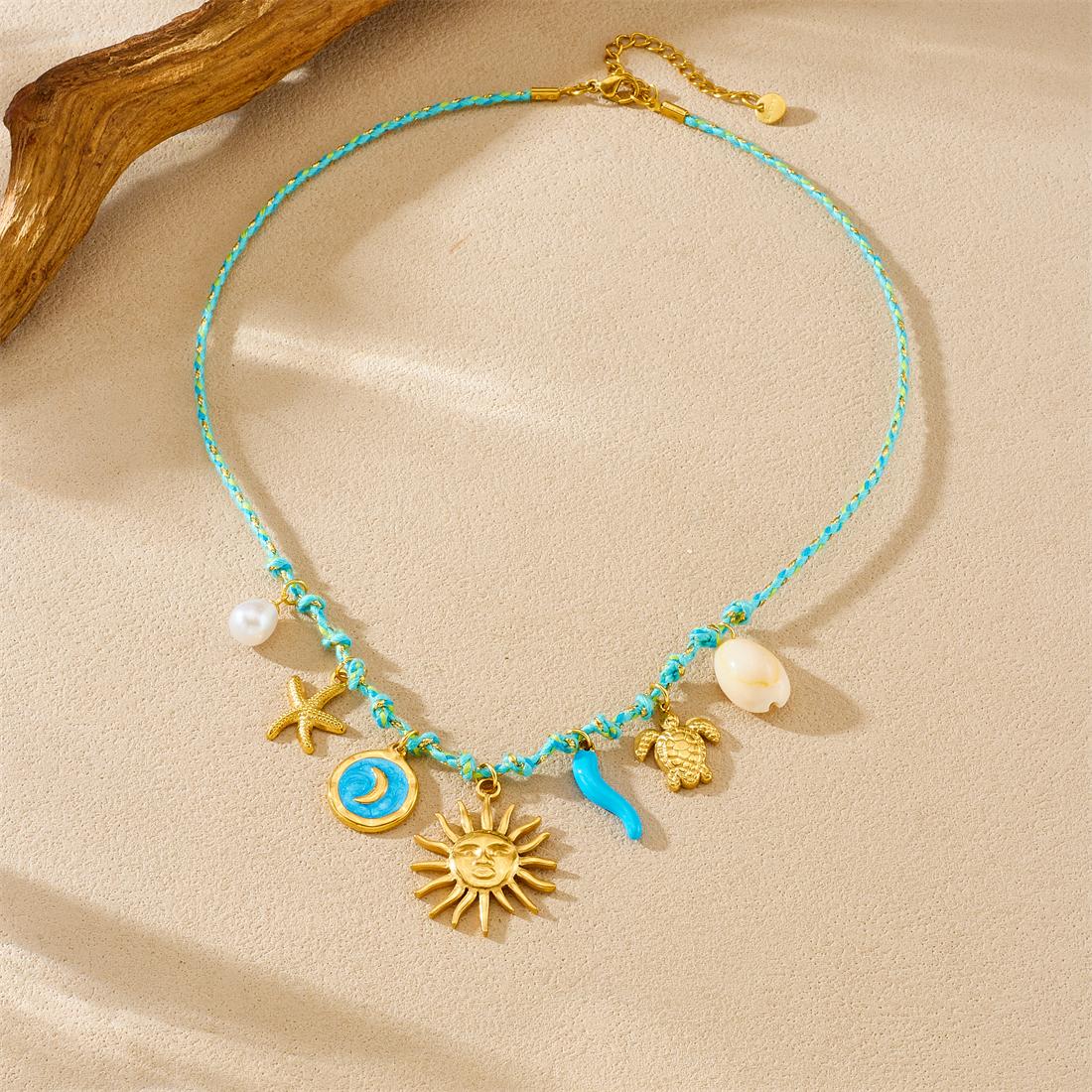 

316L Stainless Steel Blue Drip Oil Moon Pepper Face Sun Starfish Tortoise Necklace Women Trendy Ocean Style Neck Chain