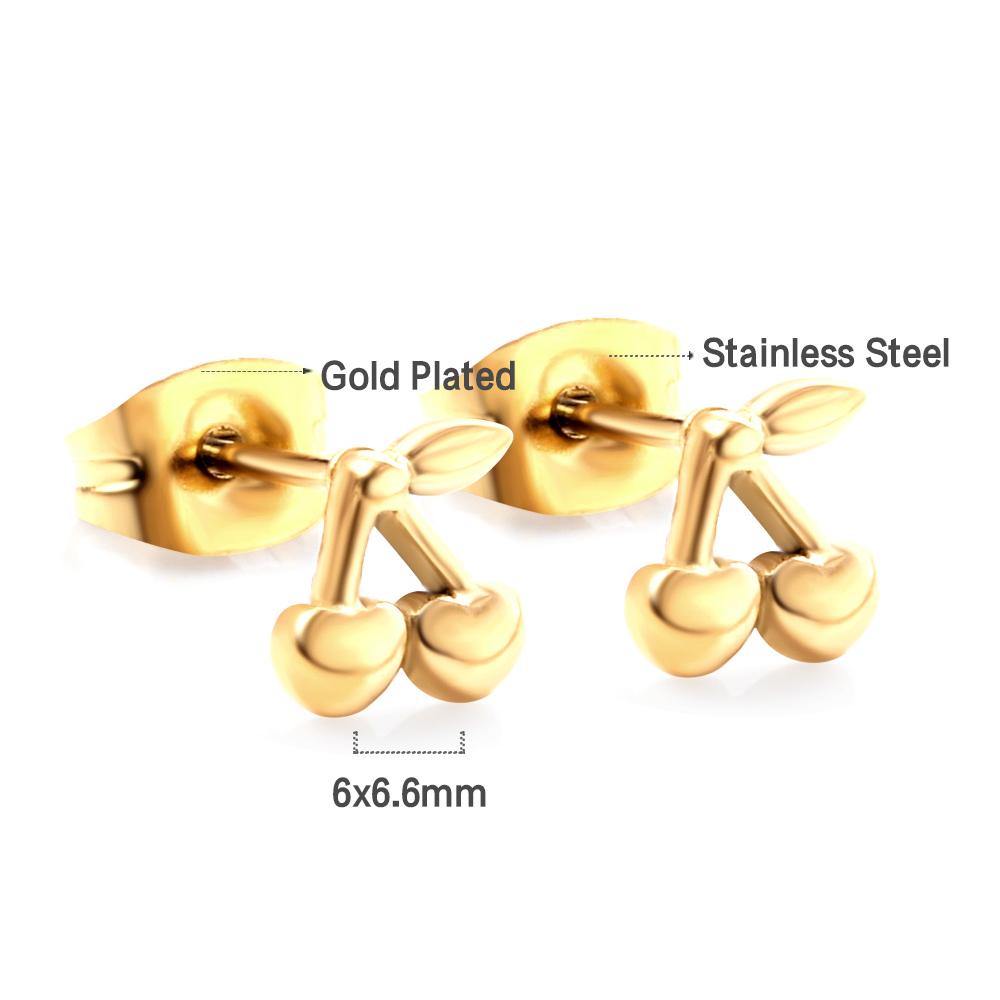 Gold Plated Small Cherry Stud Earrings For Women Girls Korean Style Stainless Steel Push Back Aretes De Mujer Casual Stud Trendy