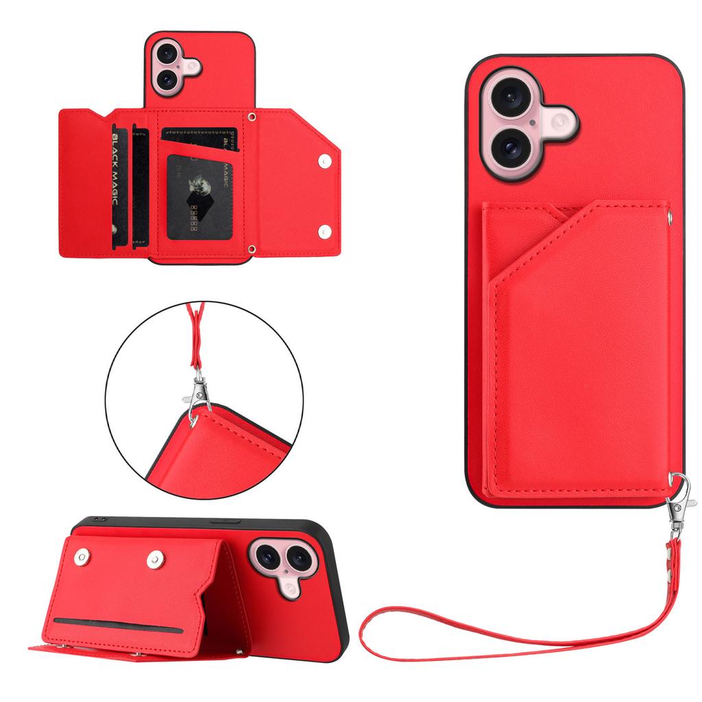 For iPhone 16 Case Card Holder Kickstand Skin-Touch Phone Cover with Wrist Strap