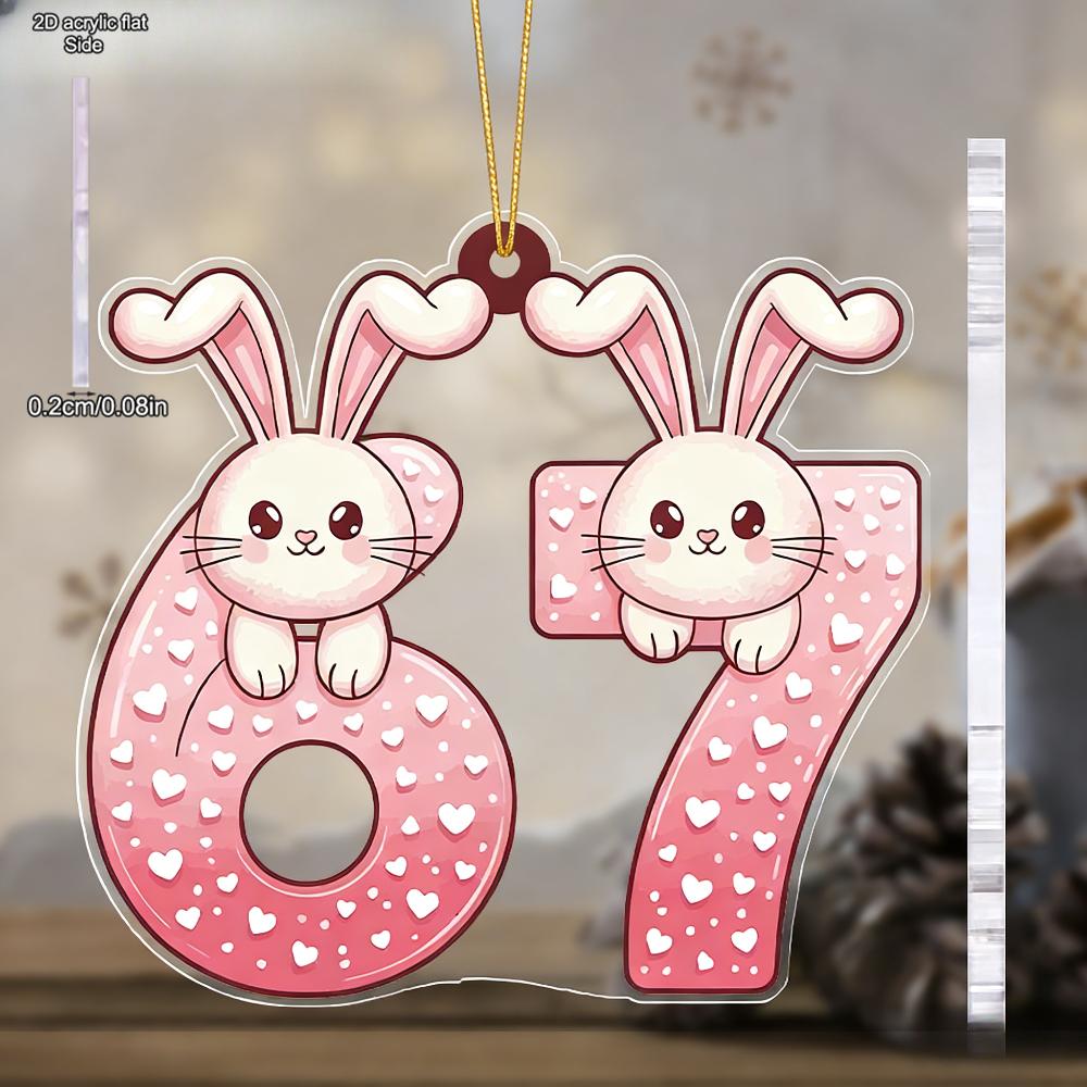 

Modern Pink Bunny 67 Acrylic Hanging Ornament - Cute Numbered Couple Charm for Wedding, Anniversary & Valentine s Gift, Spring Room Decor 8*8cm