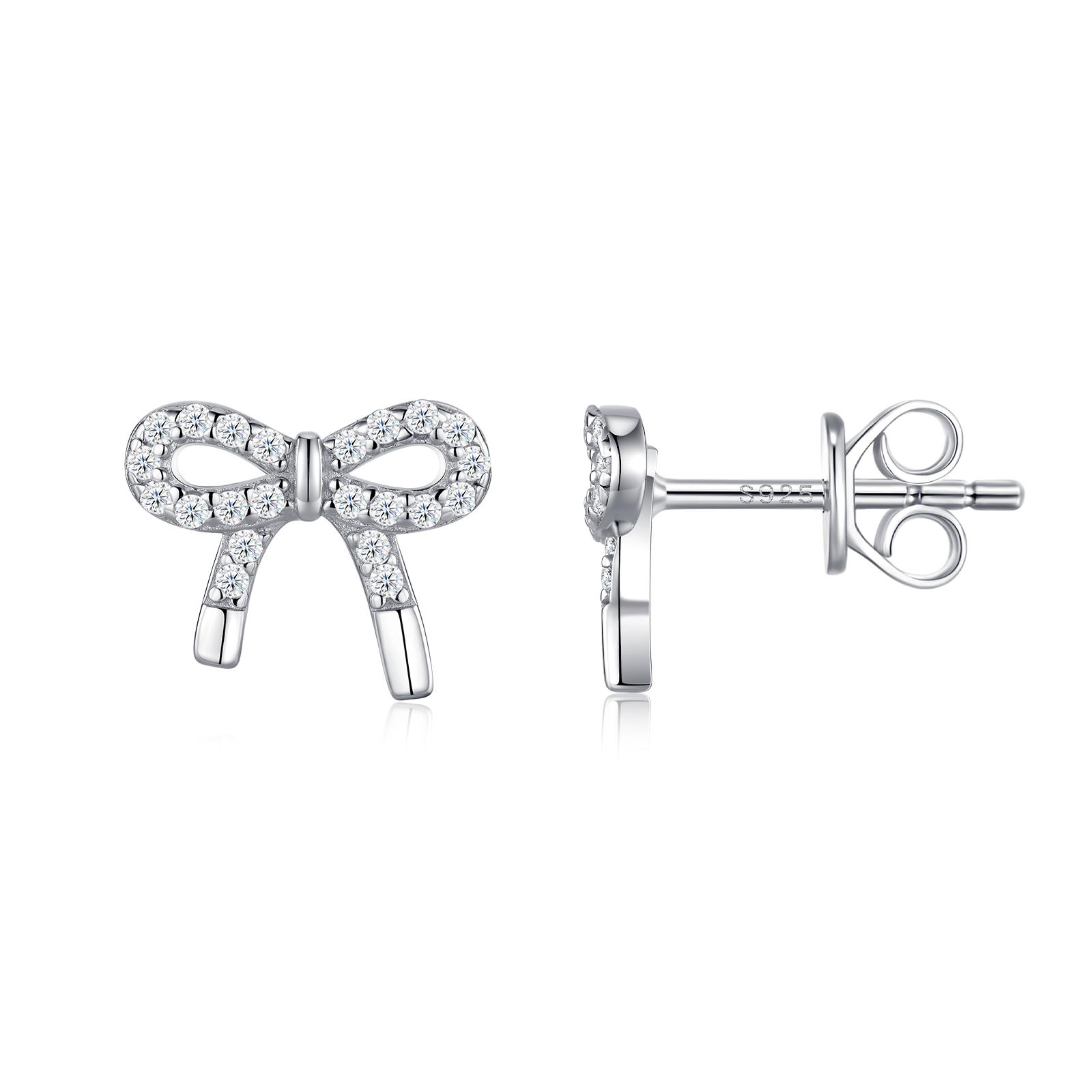 Stud Earrings Mini Bow Knot Moissanite Stud Earrings 925 Sterling Silver Full Pave Tiny Bow  for Women Daily Wear серебряный