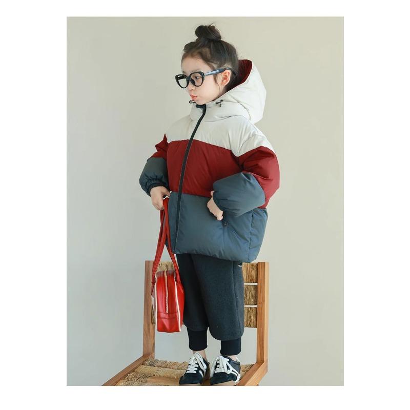 Tri Color Kids Hooded Short Down Jacket Warm Winter Outerwear For Boys And Girls