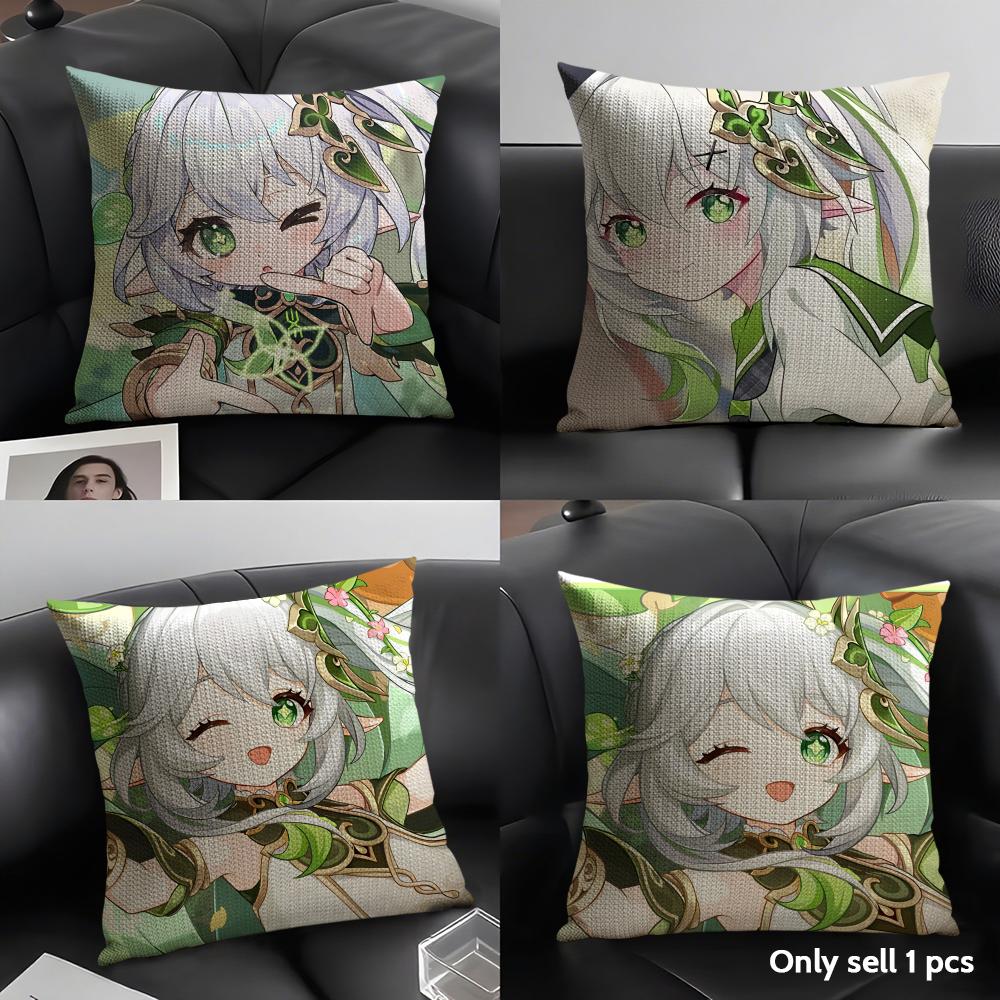 Nahida Genshin Impact Cute Cushion Cover Natural Linen Organic Fabric Double-Sided Printing Sofa Home Decor Gift Pillow Case