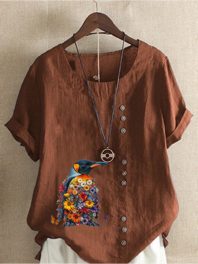 Women's Fashion Penguin Floral Print Round Neck Short Sleeve T-shirt Casual Cotton Linen Graphic Shirt Leisure Loose Summer Blouse Tops