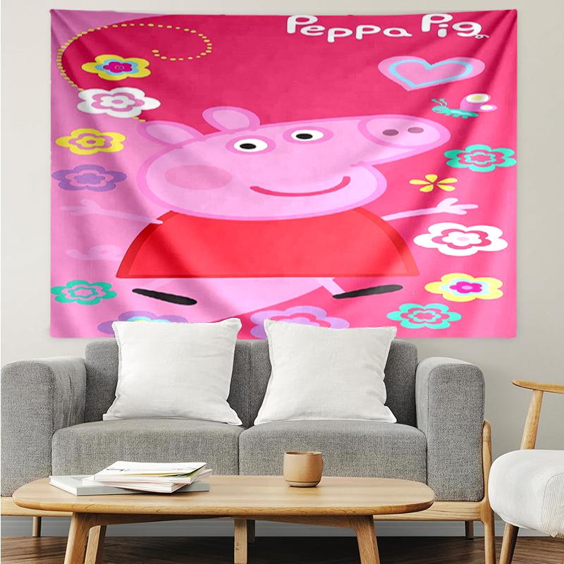 Peppa-Pig Print Tapestry, Backdrop, Easy Setup, Ideal for Bedroom, Office & Living Room, with Aesthetic Wall Hanging Decor.