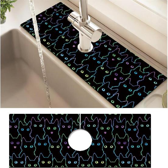 Absorbent Splash Guard Mat for Kitchen Sink, 15×5.5 Inch Cute Fast Drying Drip Catcher Behind Faucet Mat, Non-Slip, Washable Sink Mat Gadgets for