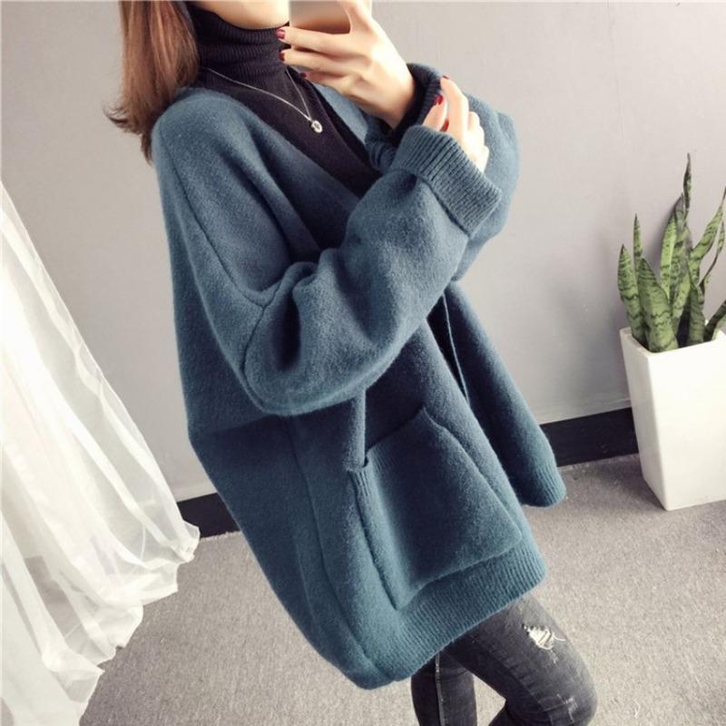 

Вязаный кардиган женский весна и осень новый женская одежда утолщенный ленивый ветер свободный универсальный свитер куртка one size fits all синий