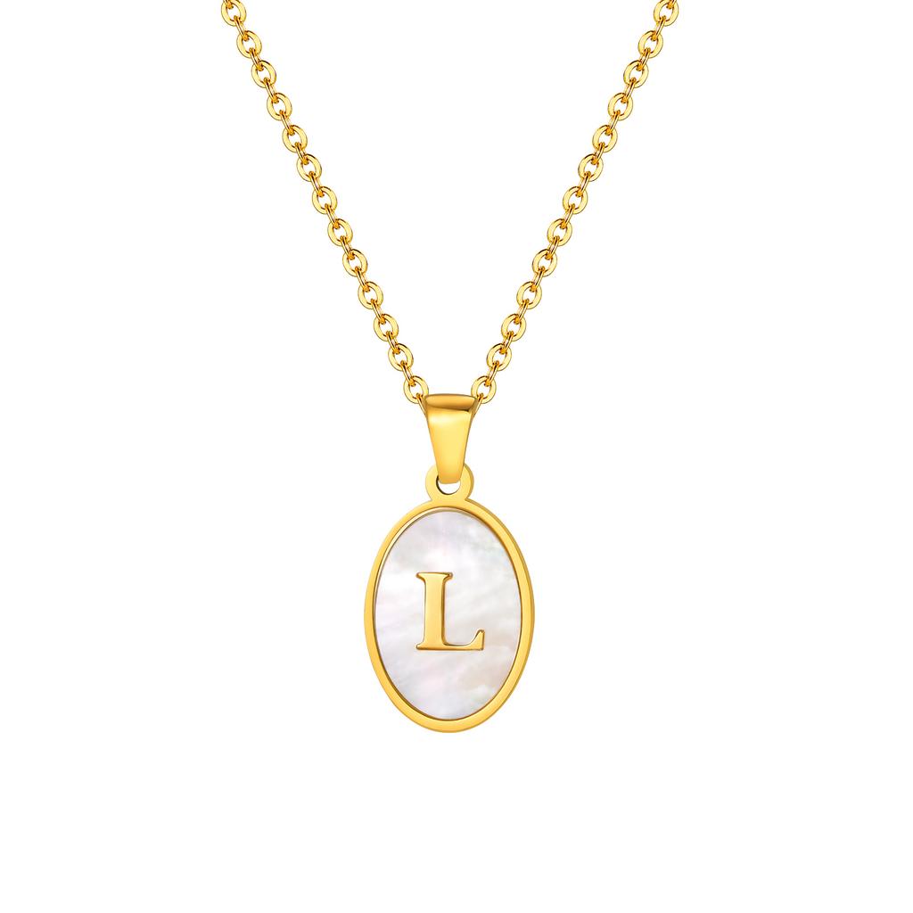 Stainless Steel Oval White Shell Letter A-Z Initial Pendant for Women,Gold Plated 26 Letters Necklaces,Trendy Jewelry Gift