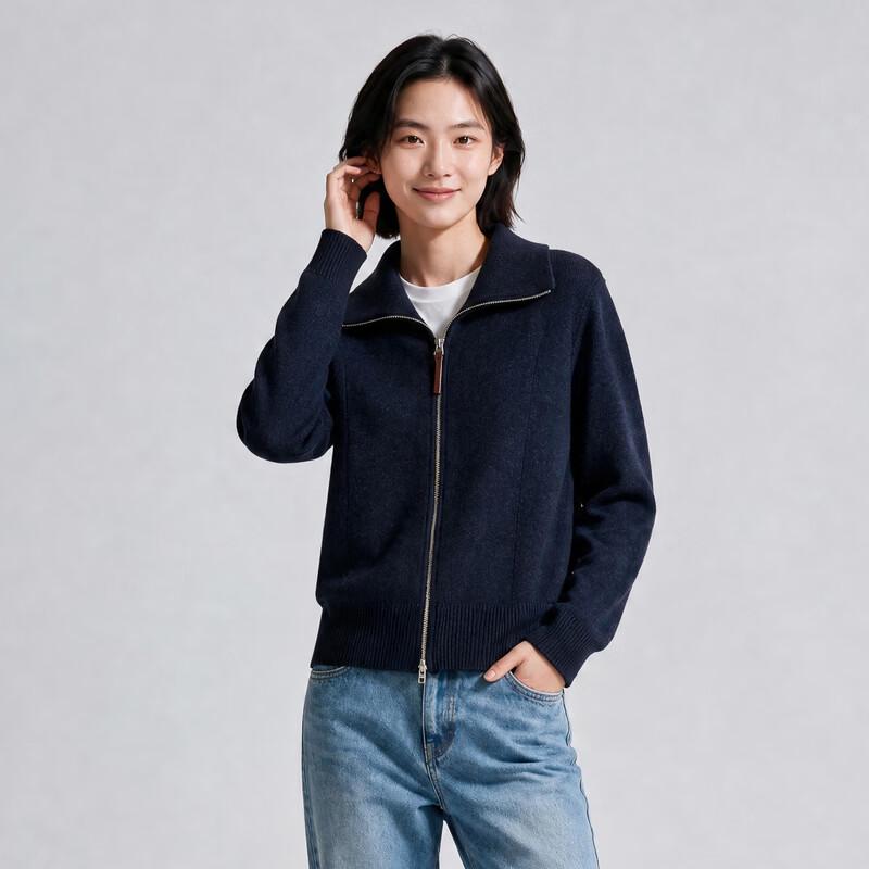 Women's Zip-Front Knit Cardigan with Lapel Collar