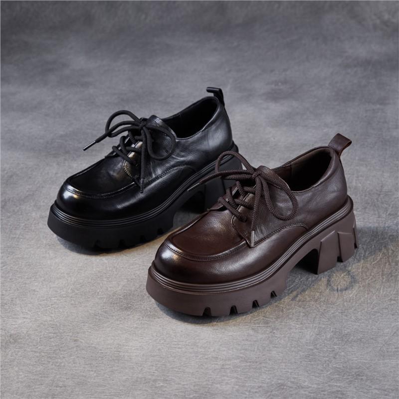 Johnature Genuine Leather Retro Women's Thick Heels Shoes British Style Thick Soled Lace Up Pumps