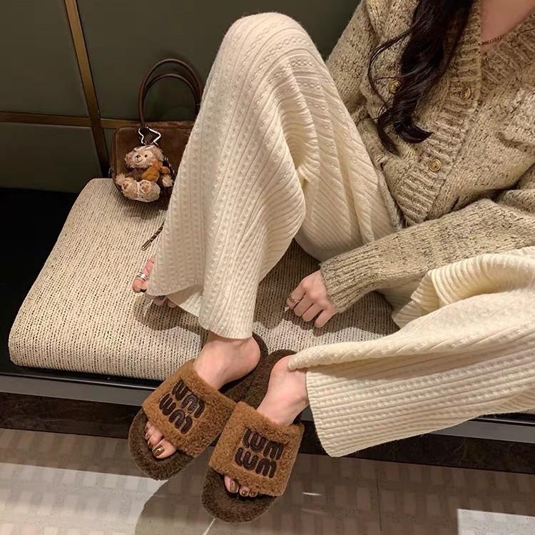 Wool version thick-soled letters fleece thermal slippers women's autumn and winter color matching word casual thick-soled fluffy shoes winter wear
