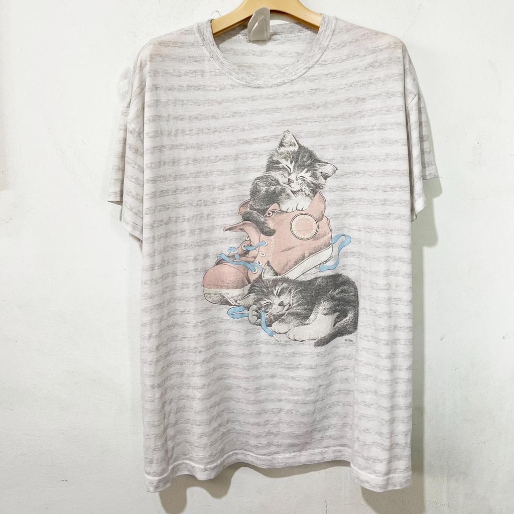 Vintage 90s Cat Striped T-Shirt Size XL