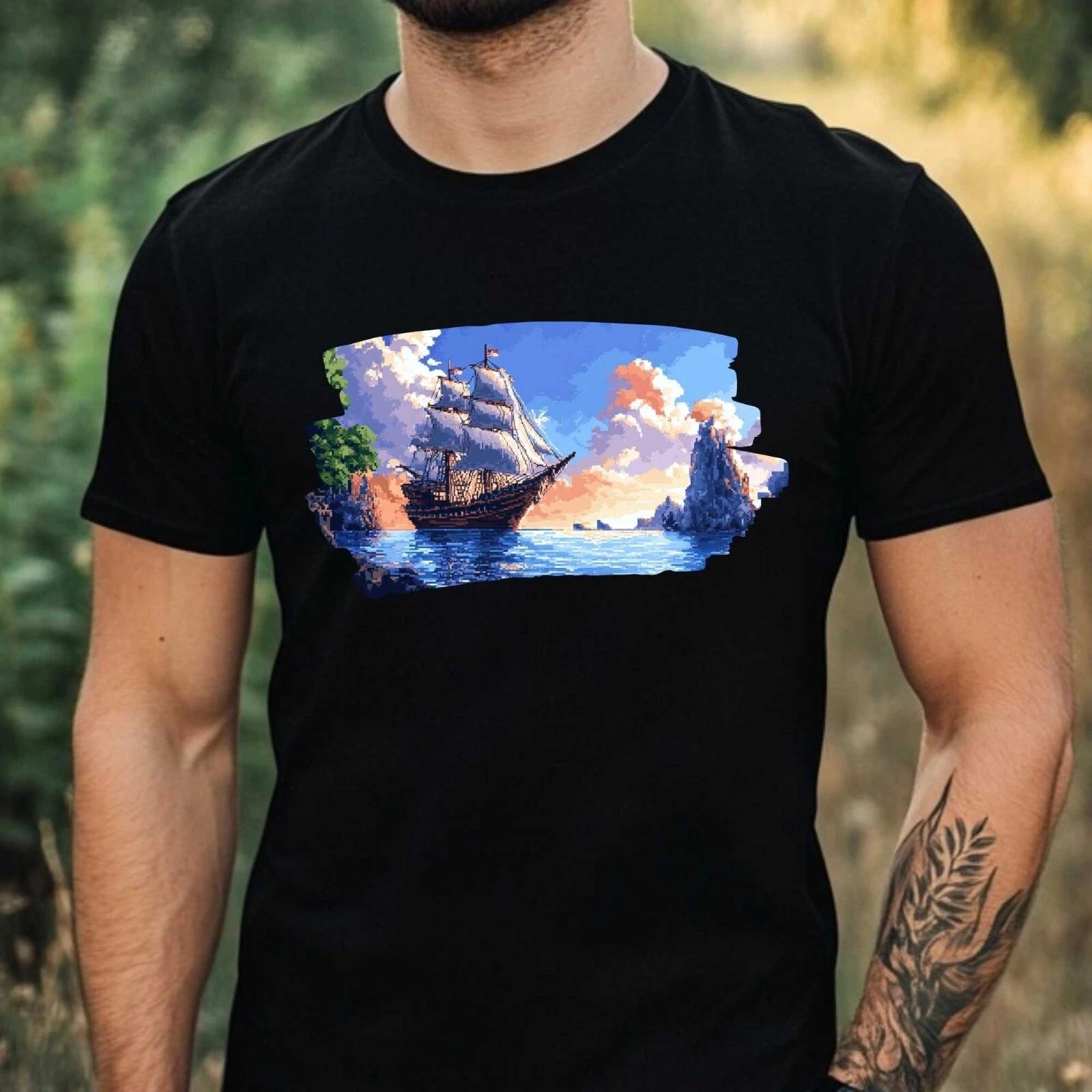 T-Shirt Herren Piratenschiff Pixel Art Motiv Baumwolle Größe XS bis 5XL M