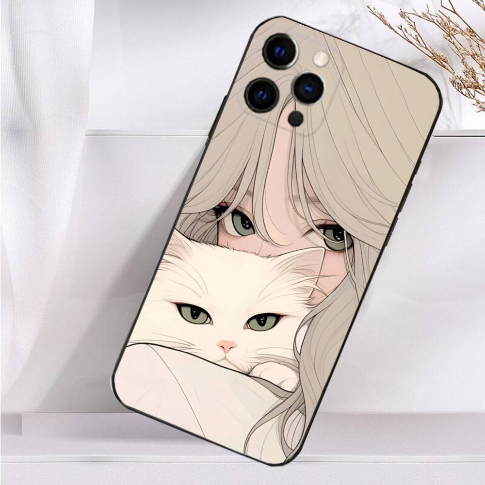 Beauty Girl Cartoon Pink  Case For iPhone 16,15,17,14,13,12,11 Plus,Pro Max,XS,X,XR,SE,Mini,8,7 Soft Silicone Black Cover