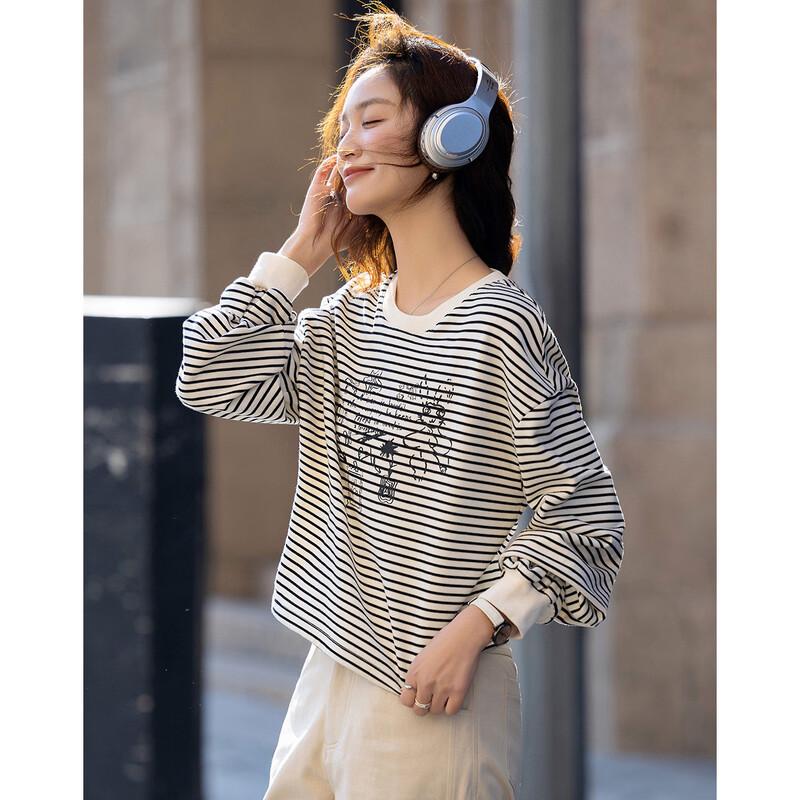 Demana Women s Cloud Cotton Striped Short Sweatshirt S