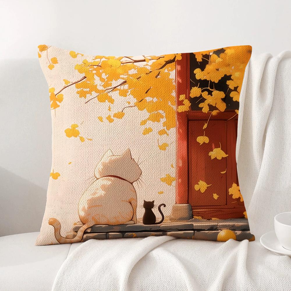 Autumn cats Cushion Cover Natural Linen Organic Fabric DoubleSided Printing Sofa Home Decor Breathable Bed Pillow