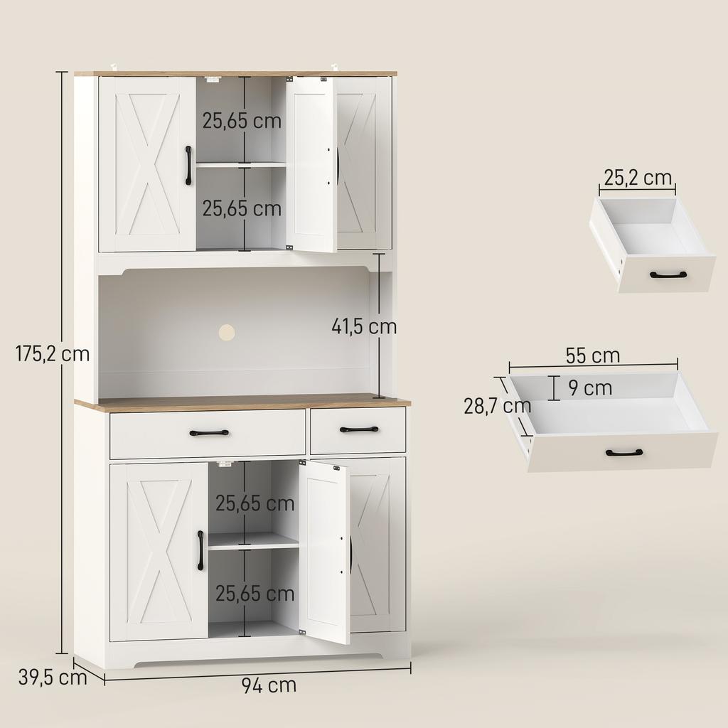175 cm Tall Kitchen Pantry Cabinet with Microwave Stand, Freestanding Pantry Cupboard, White