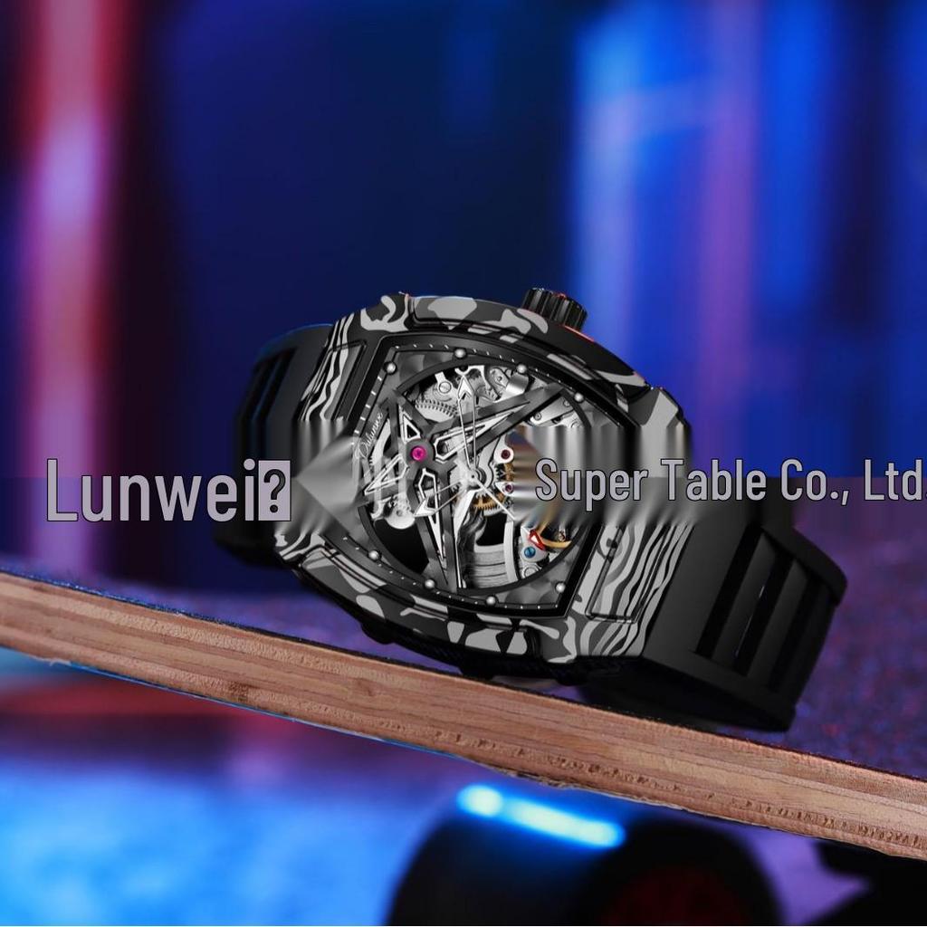 Durham Yao Men's Waterproof Mechanical Watch - Tonneau-Shaped Alloy Case with Carbon Fiber Design and Skeleton Dial