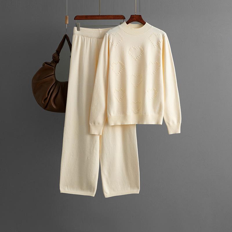 Half High Neck Sweater Love Fashion Set Women's Solid Color Casual Pants Wide Leg Pants Two-piece Set