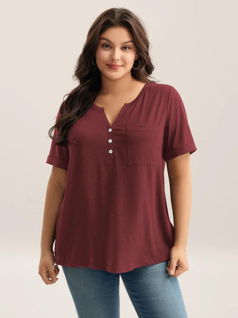 Großformat Damen V-Ausschnitt Knopf Kurzarm Einfarbig Lässig T-Shirt