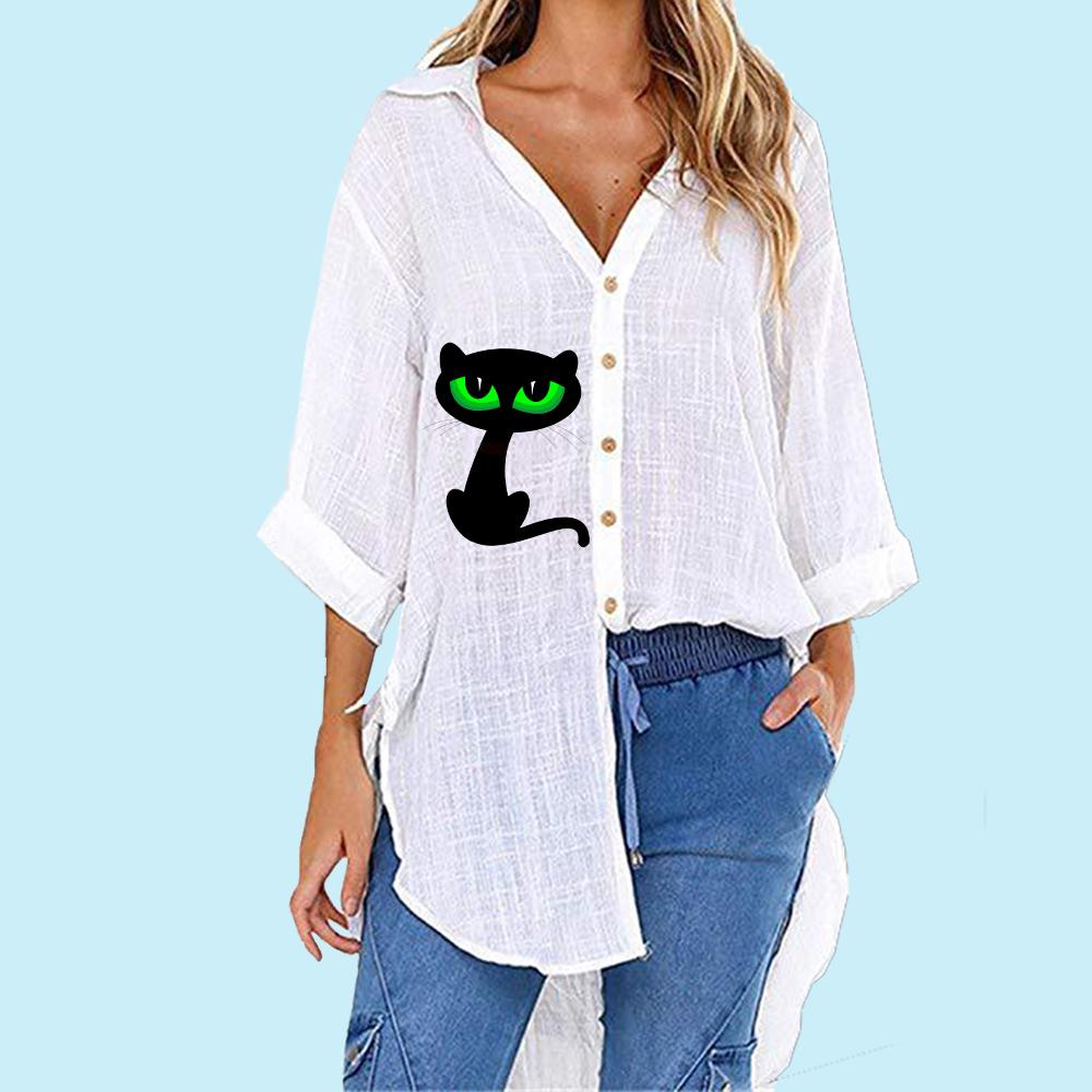 

Женская модная рубашка с принтом кошки, летняя и осенняя модная футболка с коротким рукавом на пуговицах, женская повседневная футболка с v-образным вырезом, свободные длинные блузки S белый