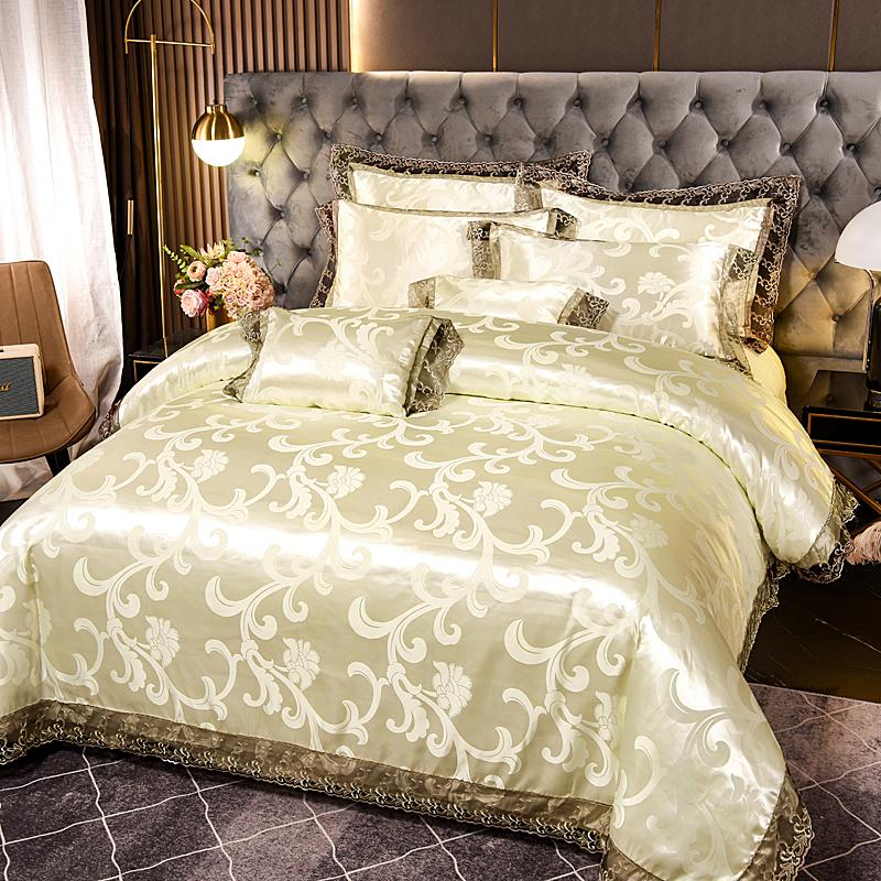 

Luxury Beigo Jacquard Satin Bedding Set Baroque Style Lace Trim Duvet Cover Set King Queen Size for Home Decor 2 Pillowcases Flat Bed Sheet&1.2m(3pcs)