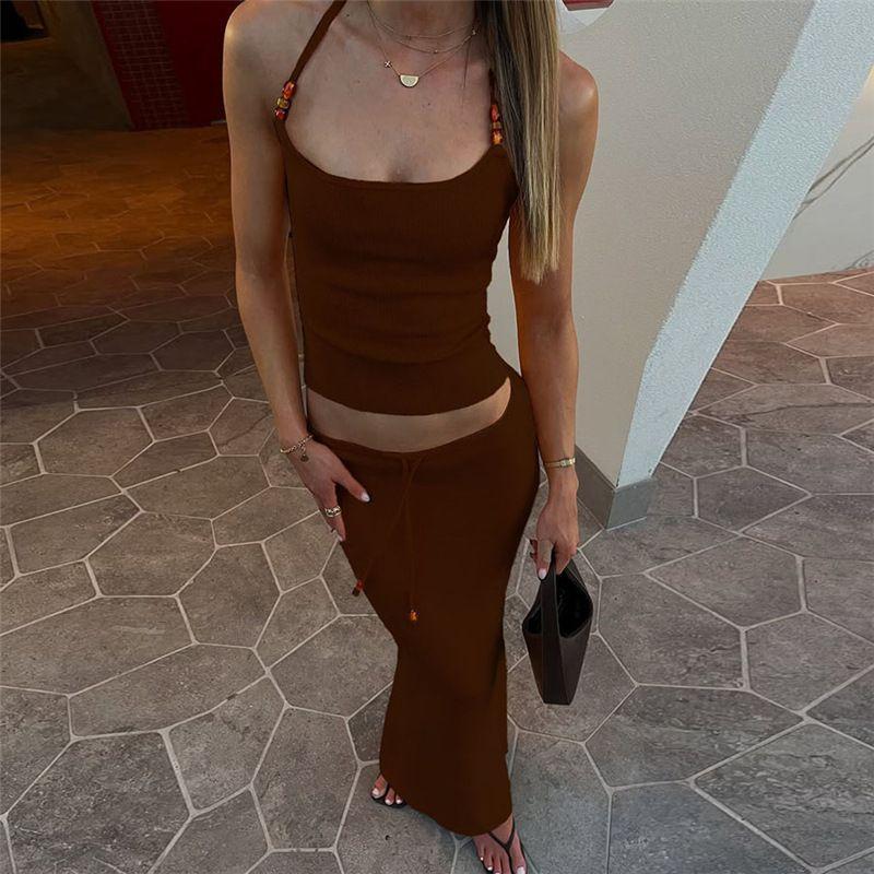 Suit Fashion New Women clothes Tight Hanging Neck Short Vest Sexy Gyaru Fishtail Skirt sets Girl