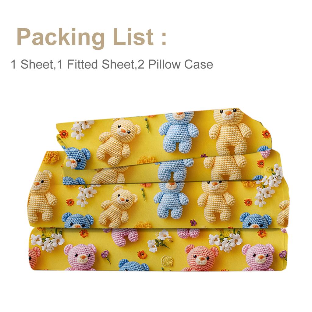 Cartoon Fairy Tale Style, Bright Yellow Plush Bear Four-Piece Set, Including 1 Bed Sheet, 1 Duvet Cover, 2 Pillowcases