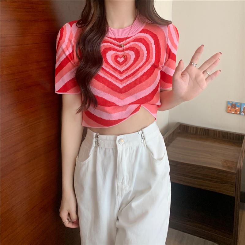 

Модный вязаный свитер для женщин, свободный, тонкий, с коротким рукавом, топ Love, летний, универсальный, модный, короткий, с круглым вырезом, женский, повседневный, облегающий, пуловеры, футболки One Size красный