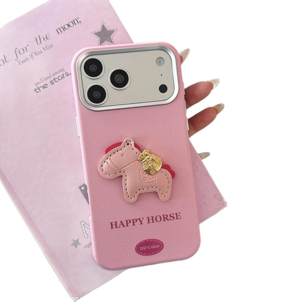 Apple iPhone 17 Leather Metal Horsehide Texture Case with Hand Strap, Compatible with iPhone 16 Soft Protective Case.