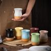 Vintage Coarse Pottery Ceramic Espresso Cup with Wooden Base, Personal Water & Tea Mug for Office