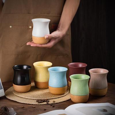 Vintage Coarse Pottery Ceramic Espresso Cup with Wooden Base, Personal Water & Tea Mug for Office