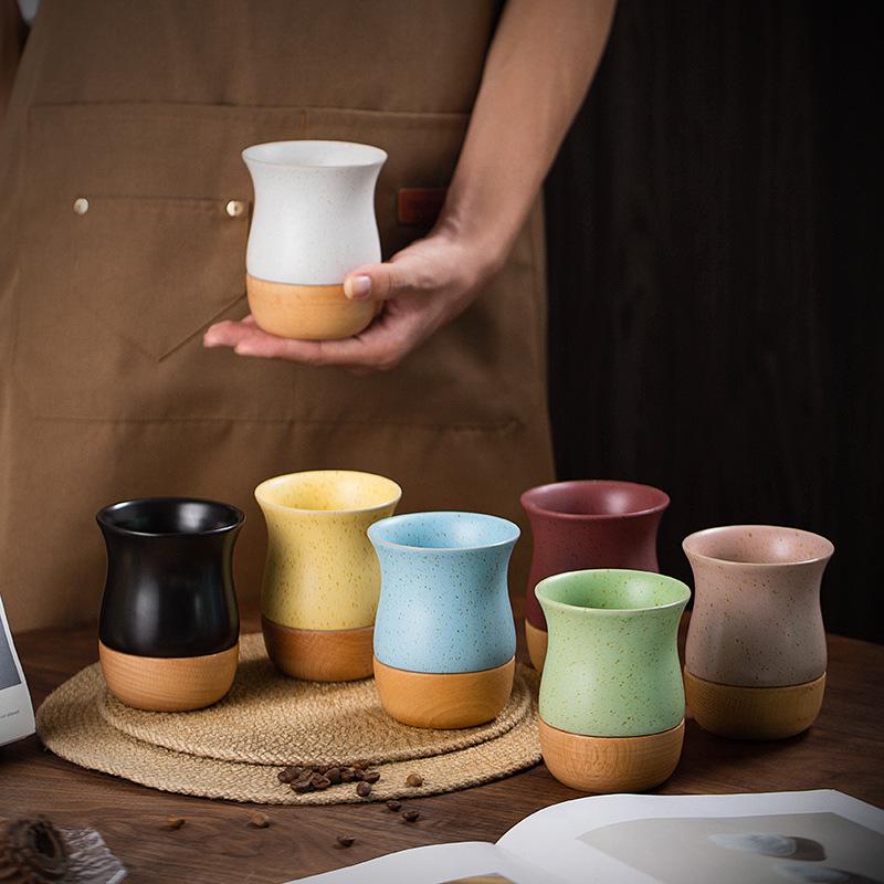 Vintage Coarse Pottery Ceramic Espresso Cup with Wooden Base, Personal Water & Tea Mug for Office
