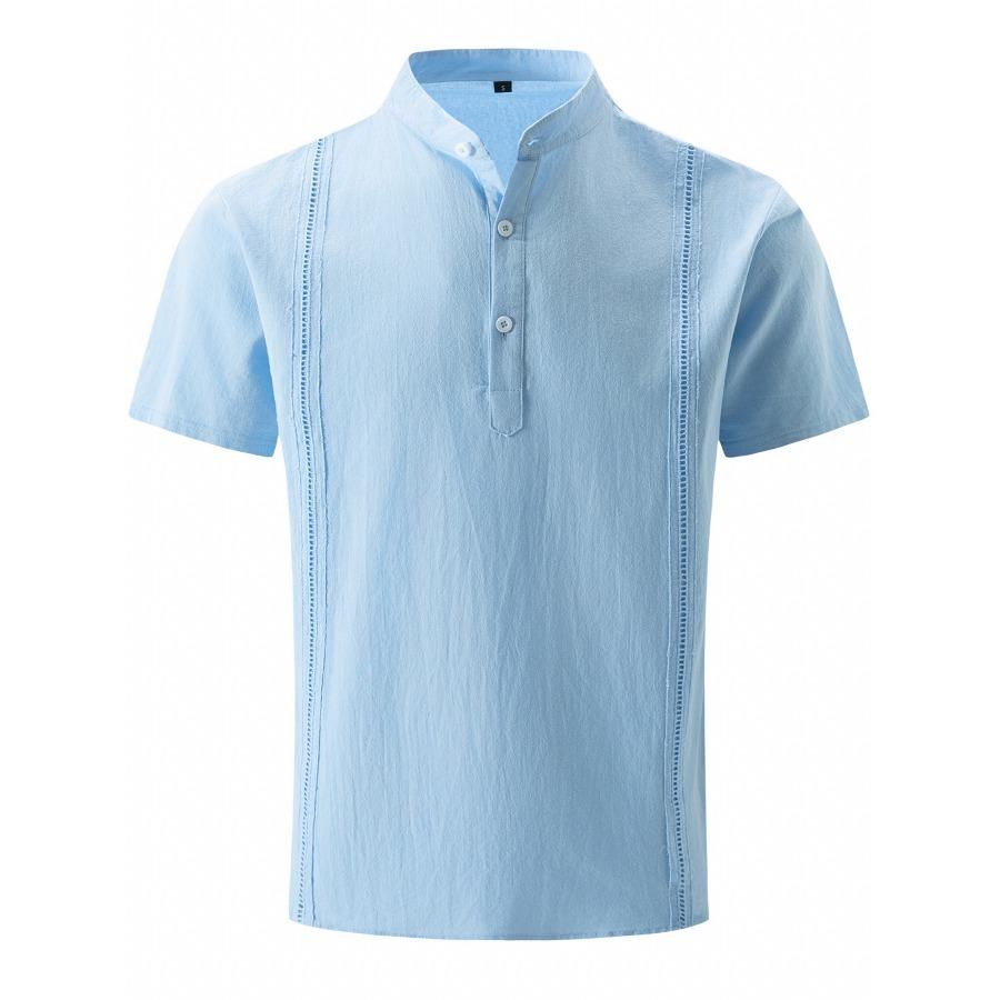 Hallow Stripe Cotton Shirts Mens Vacation Solid Buttons Stand Collar Short Sleeve Shirt Casual Men White Blue Men Clothes