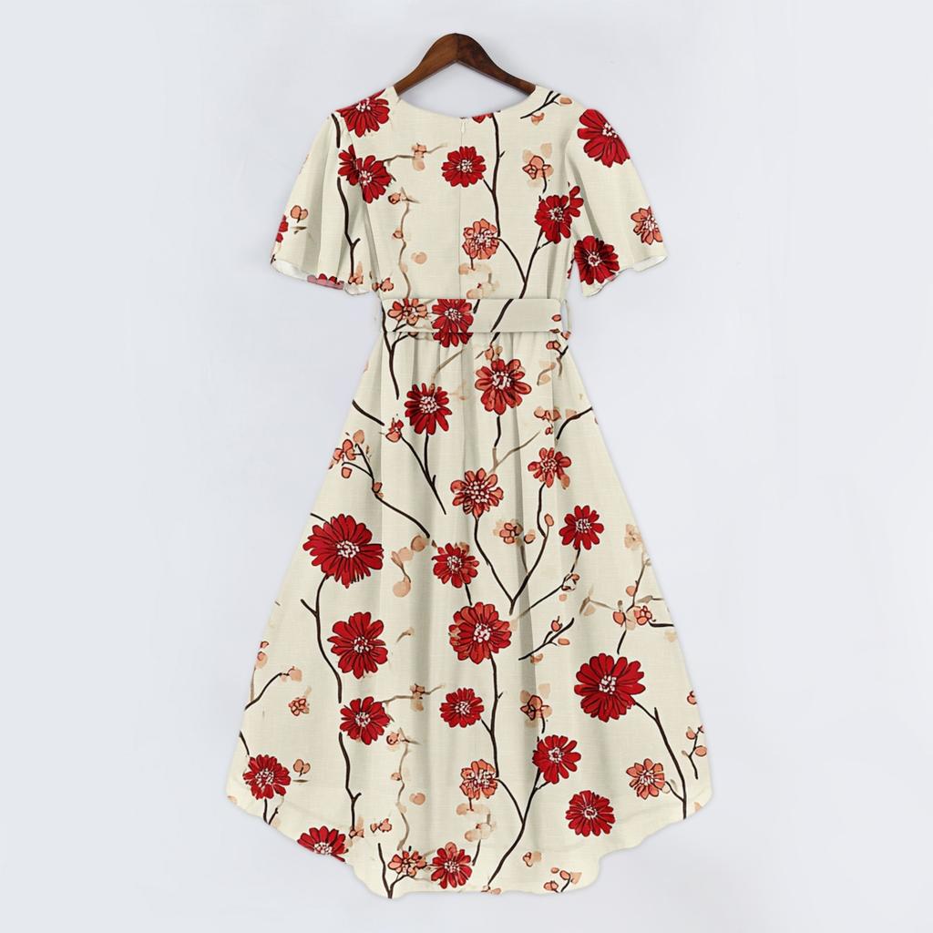 Rochii de damă la modă, casual, cu gât în V, mânecă scurtă, cu volane, vintage, cu imprimeuri