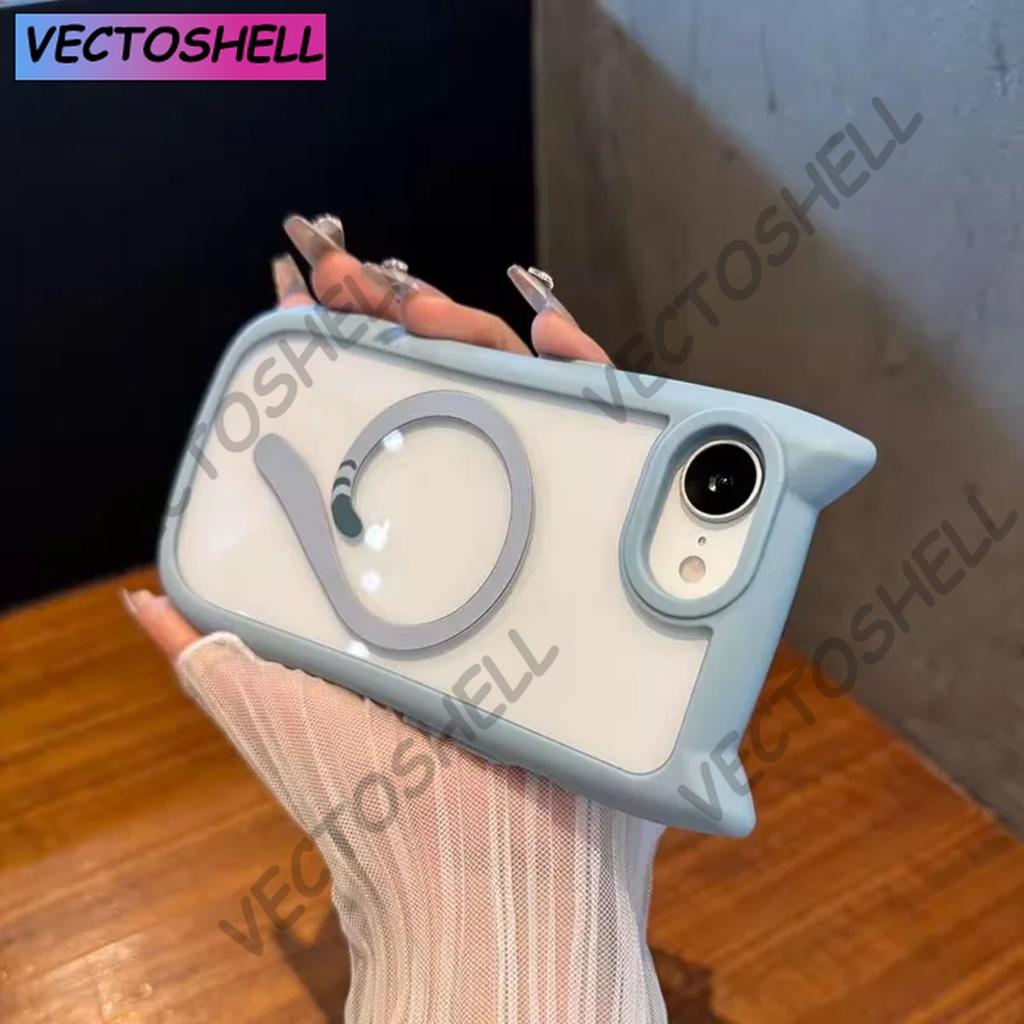 For iPhone 16e Cat Ear Magsafe Case iPhone 16 13 14 15 11 12 Pro Max 15 16 Plus Transparent PC TPU Armor Wireless Charging Cover