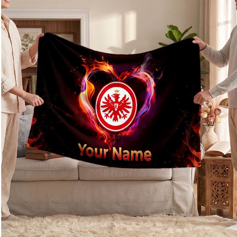 Eintracht Frankfurt Personalized Fleece Blanket With Football Logo, Custom Name Text Soft Warm Home Throw Blanket