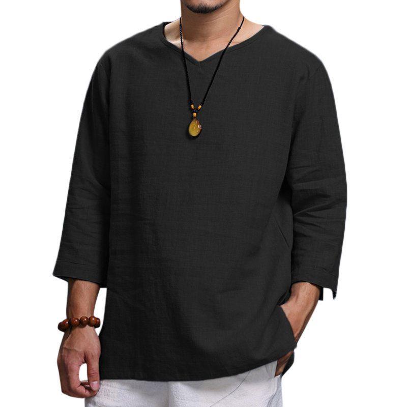 Shirt Mens Loose Long Sleeve V Neck Cotton Linen T Shirts Vintage Tops Blouse