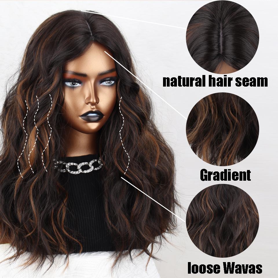 XINRAN Synthetic Ombre Curly Wig Brown Gold Gradient Middle Part Wig Natural Heat-resistant Role-playing Wig Suitable for Women
