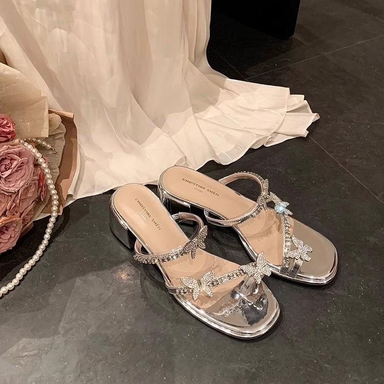 Su Yinyin's same butterfly drag~ Square head butterfly rhinestone buckle cover toe thick high-heeled slippers women's sandals outside
