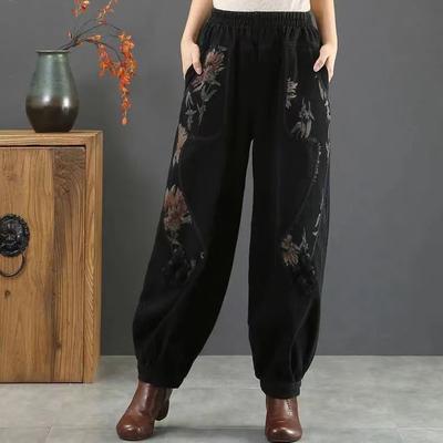 Plus Sammet Etnisk Stil Jeans Dam Tryckta Elastisk Midja Bloomers Harembyxor Dam Vida Byxor