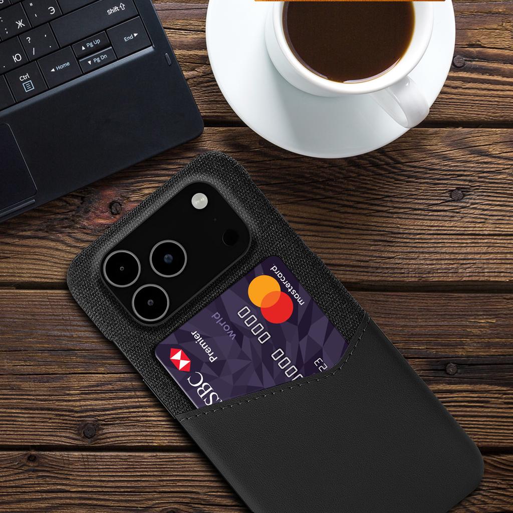 Pro pouzdro na iPhone 17 Pro Max PU kůže látková textura tvrdý PC kryt na telefon s držákem na karty