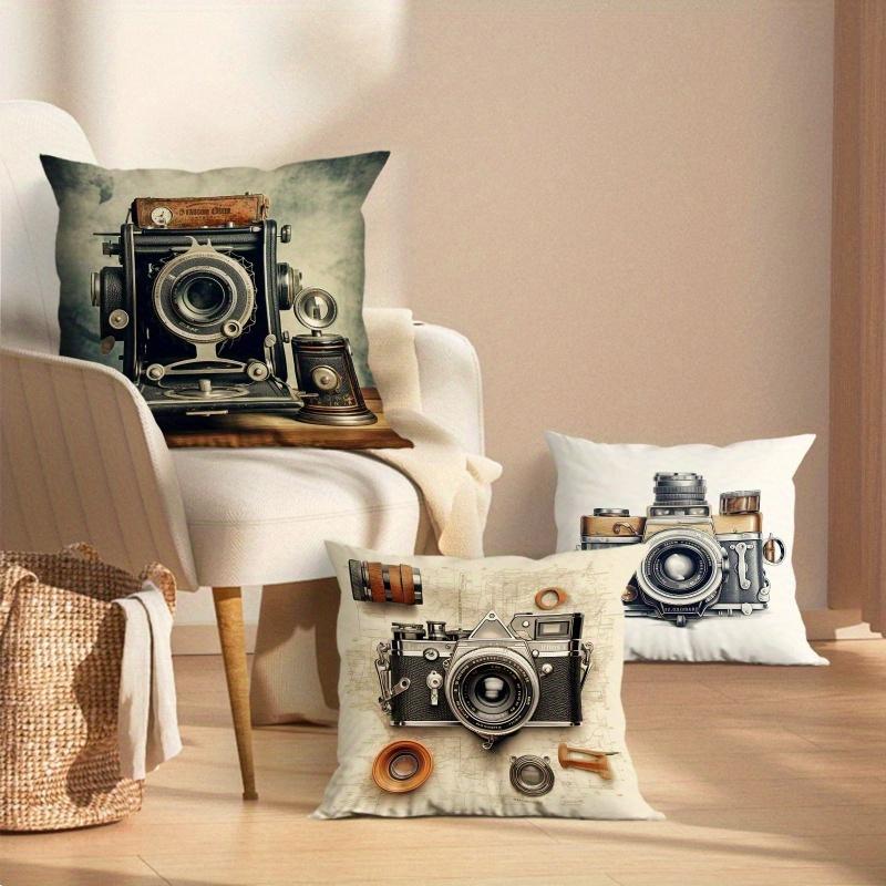 Set of 4 Vintage Camera-Themed Pillow Covers for Photography Enthusiasts, Featuring Nostalgic Photography Elements. Suitable for Living Rooms, Studies