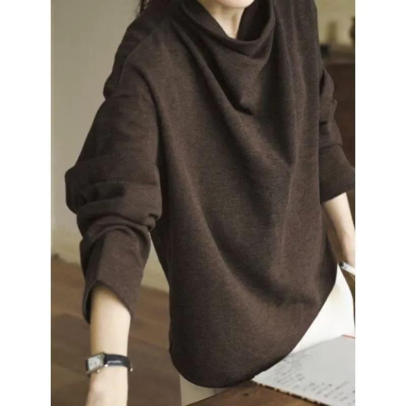

Women Solid Color Long Sleeve T Shirt Casual Loose Fit Draped Neck Top L коричневый